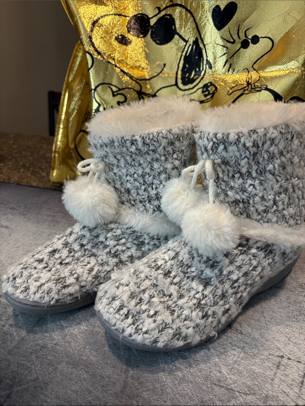 AEROSOLES Gray and White Faux-Fur Pom Pom Knit Boot Slippers